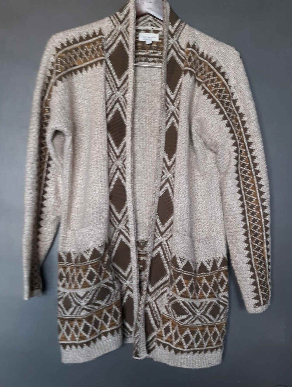 Lucky Brand Green & Tan Cardigan Sweater Open Front LG